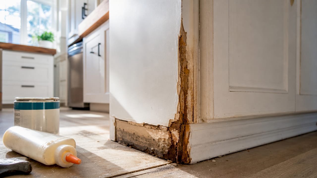 Close-up of water-damaged kitchen cabinet corner