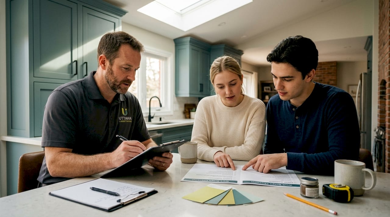 Couple and contractor planning renovation scope