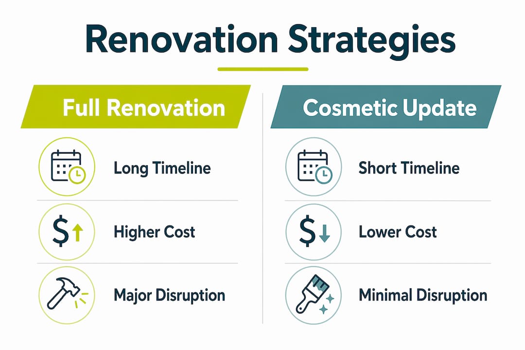 Infographic comparing renovation strategies with key metrics