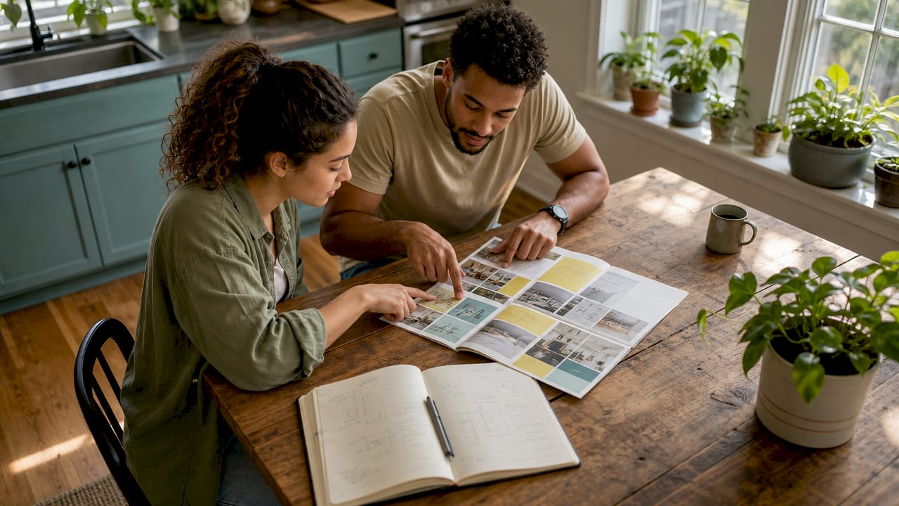 Couple discussing renovation reviews at home