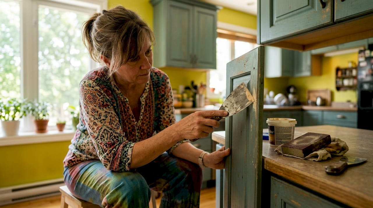 Woman repairing kitchen cabinet with wood filler