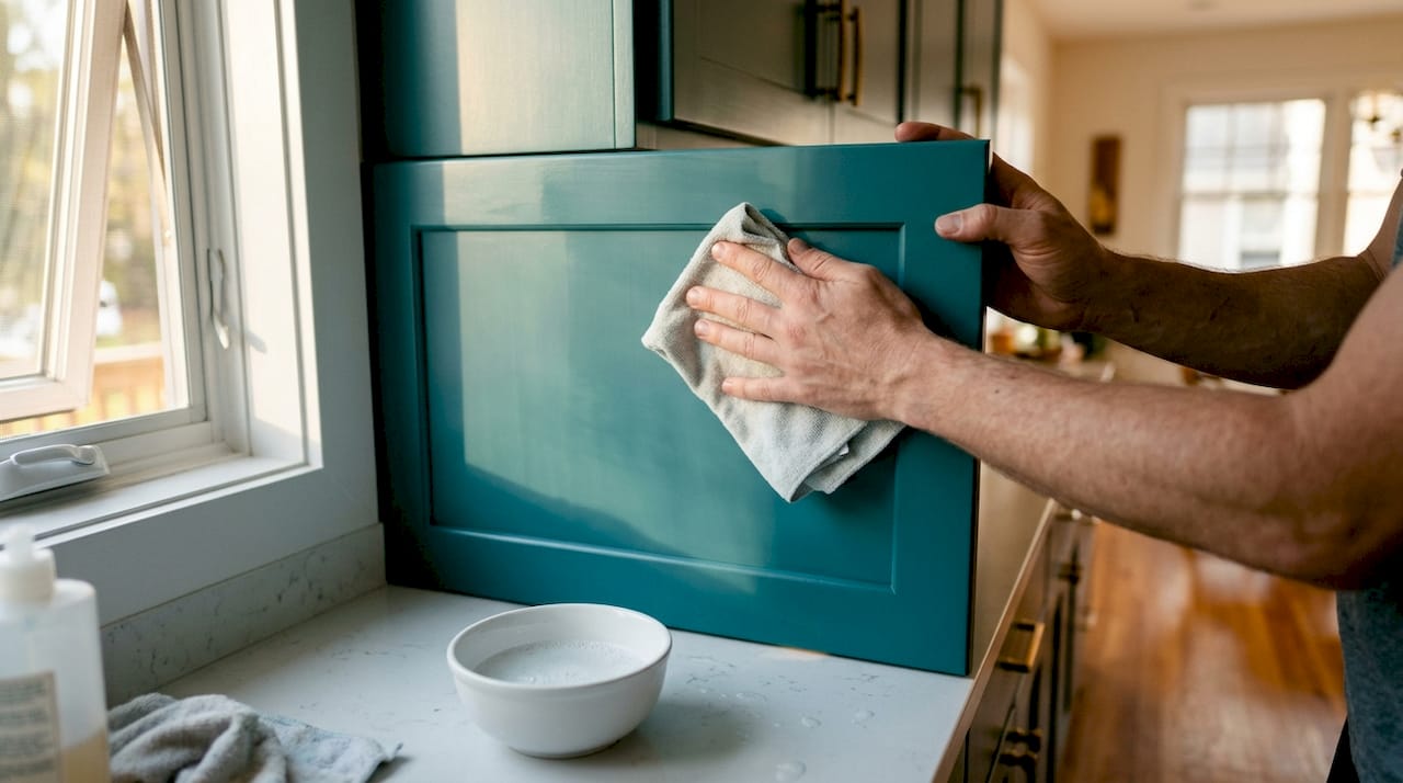 Hands cleaning kitchen cabinet surface