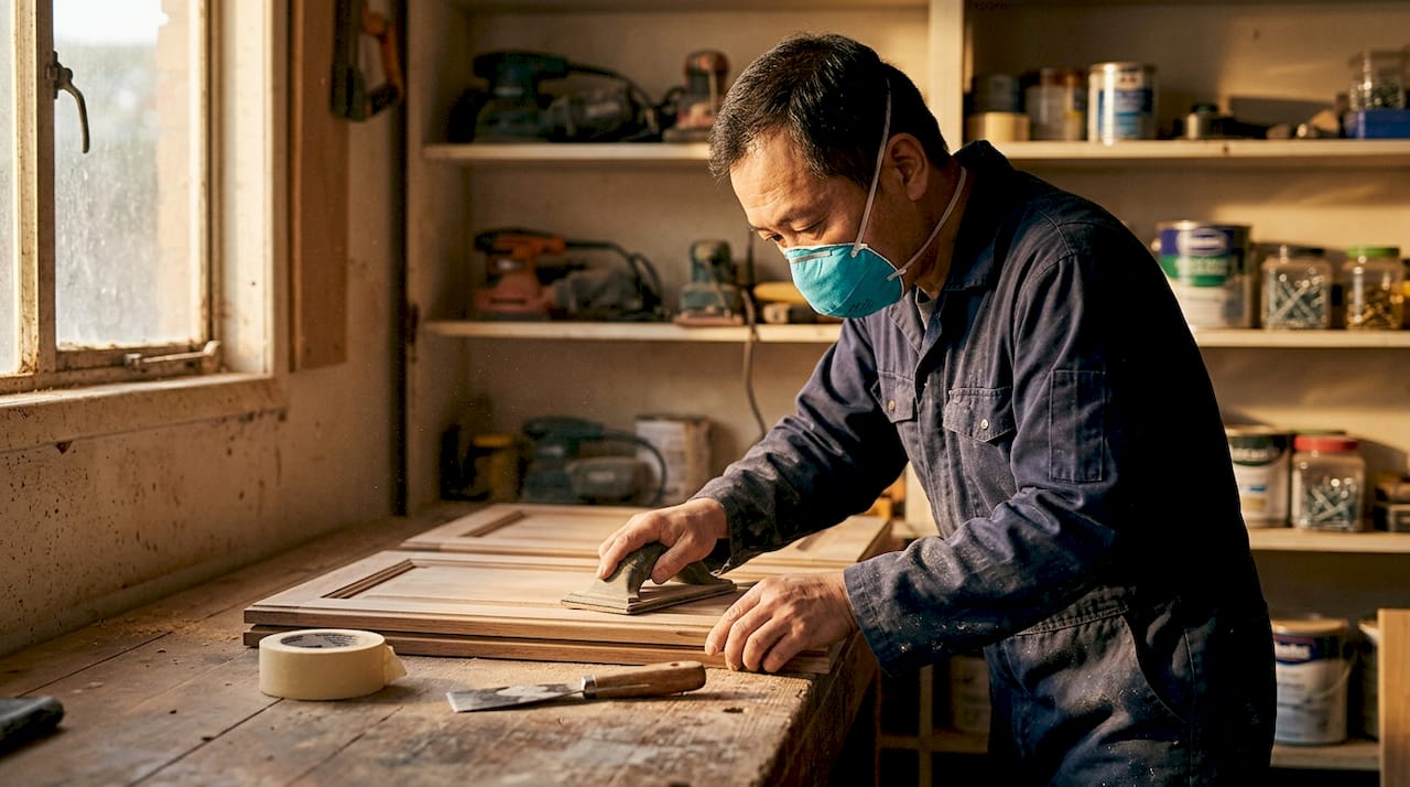 Contractor sanding cabinet doors in workshop