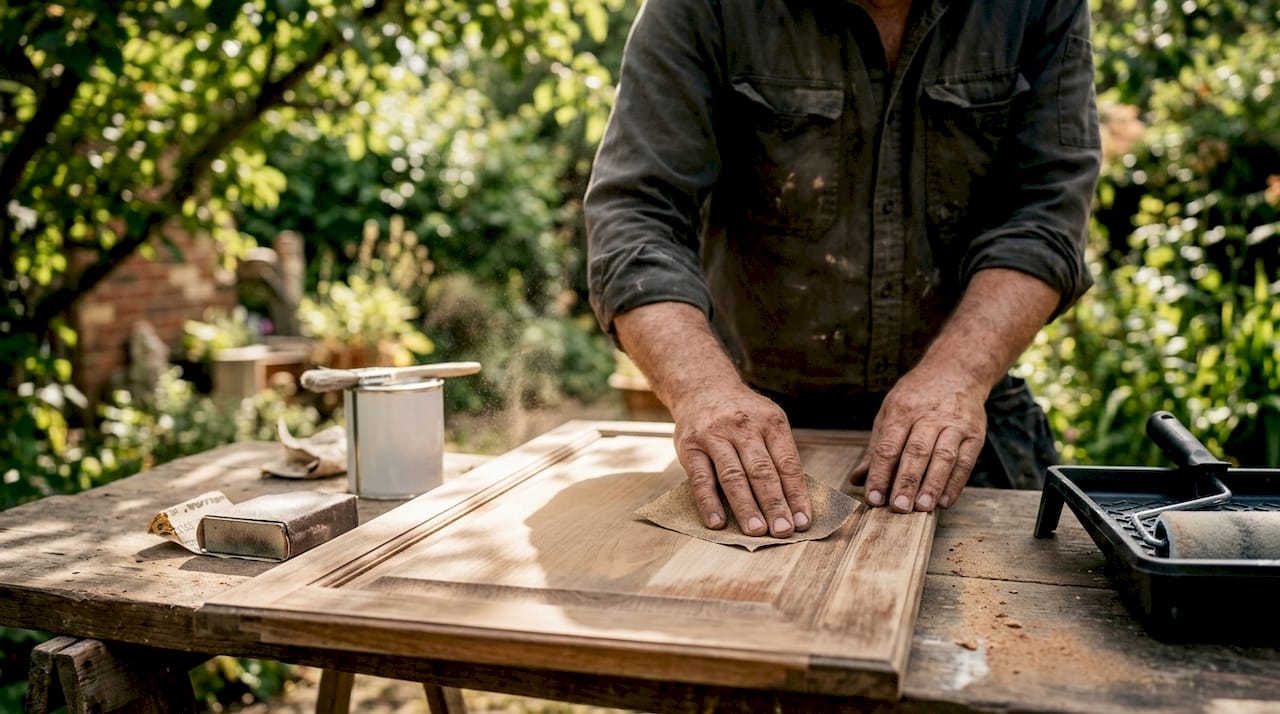 Hands sanding cabinet surface with sandpaper