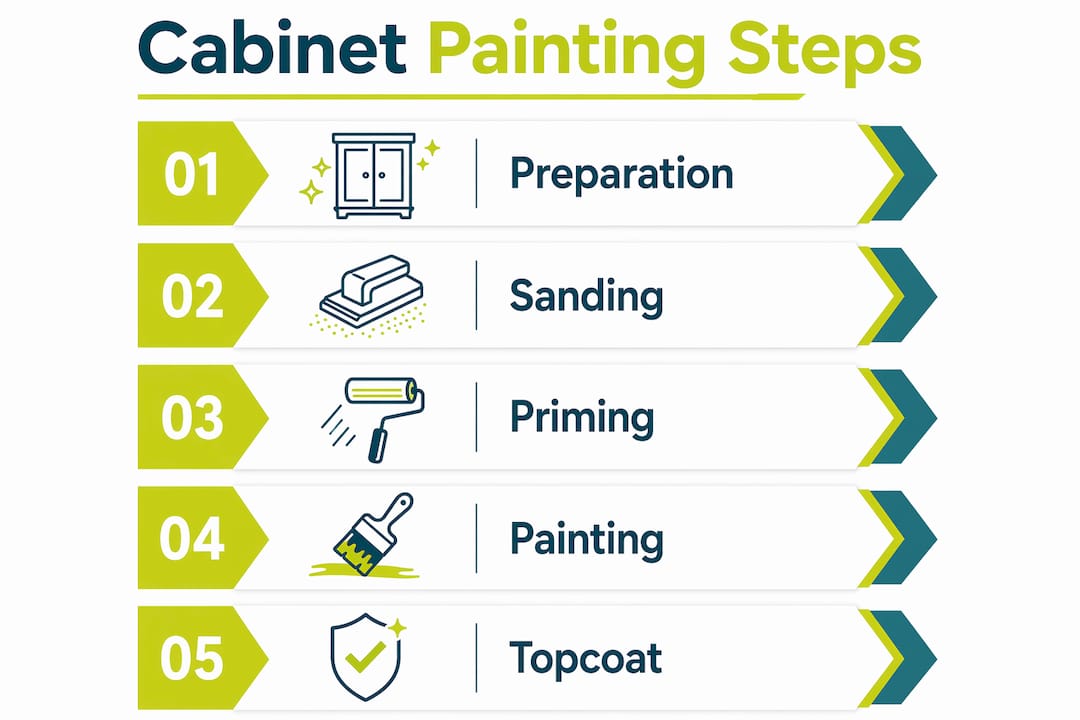 Infographic showing step-by-step cabinet painting process