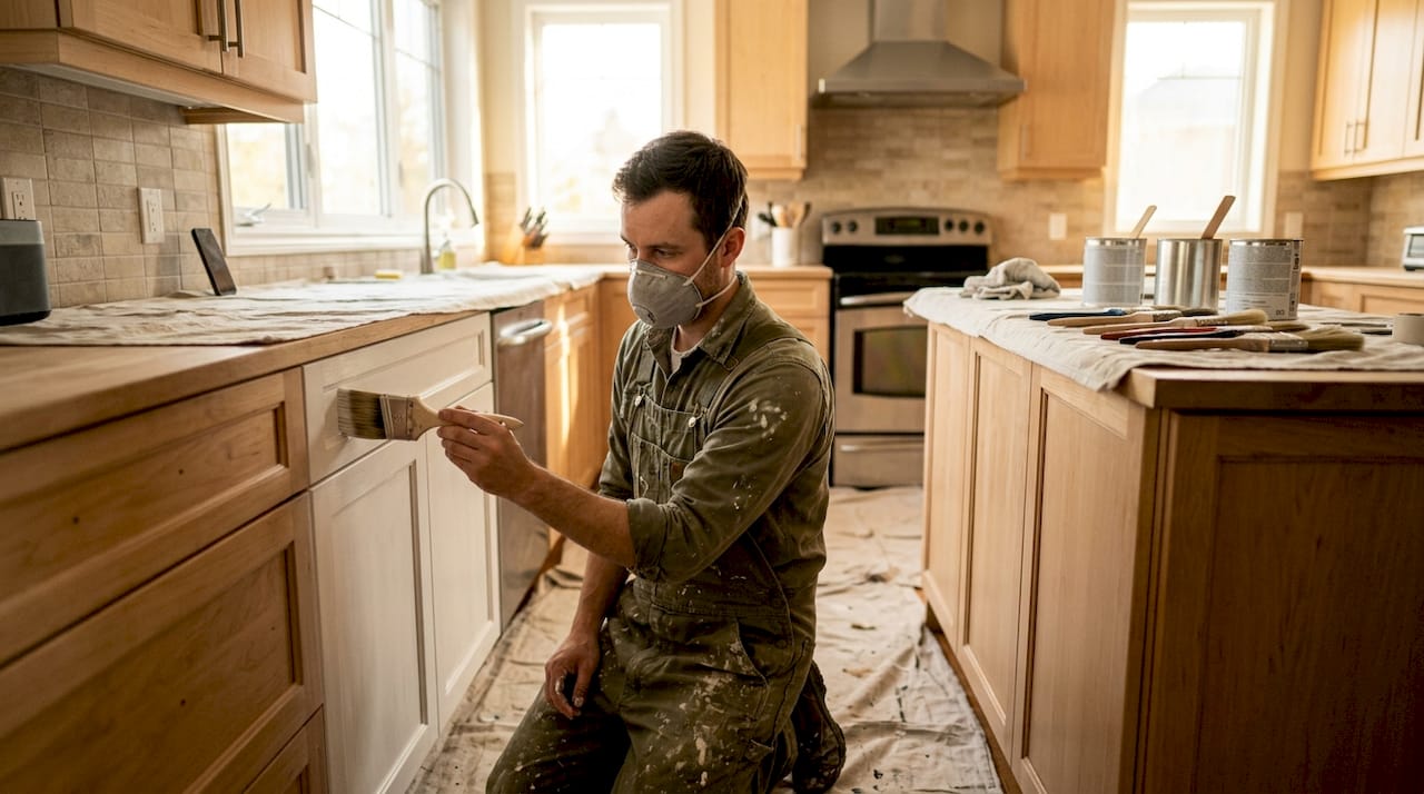 Painter applying finish to kitchen cabinets