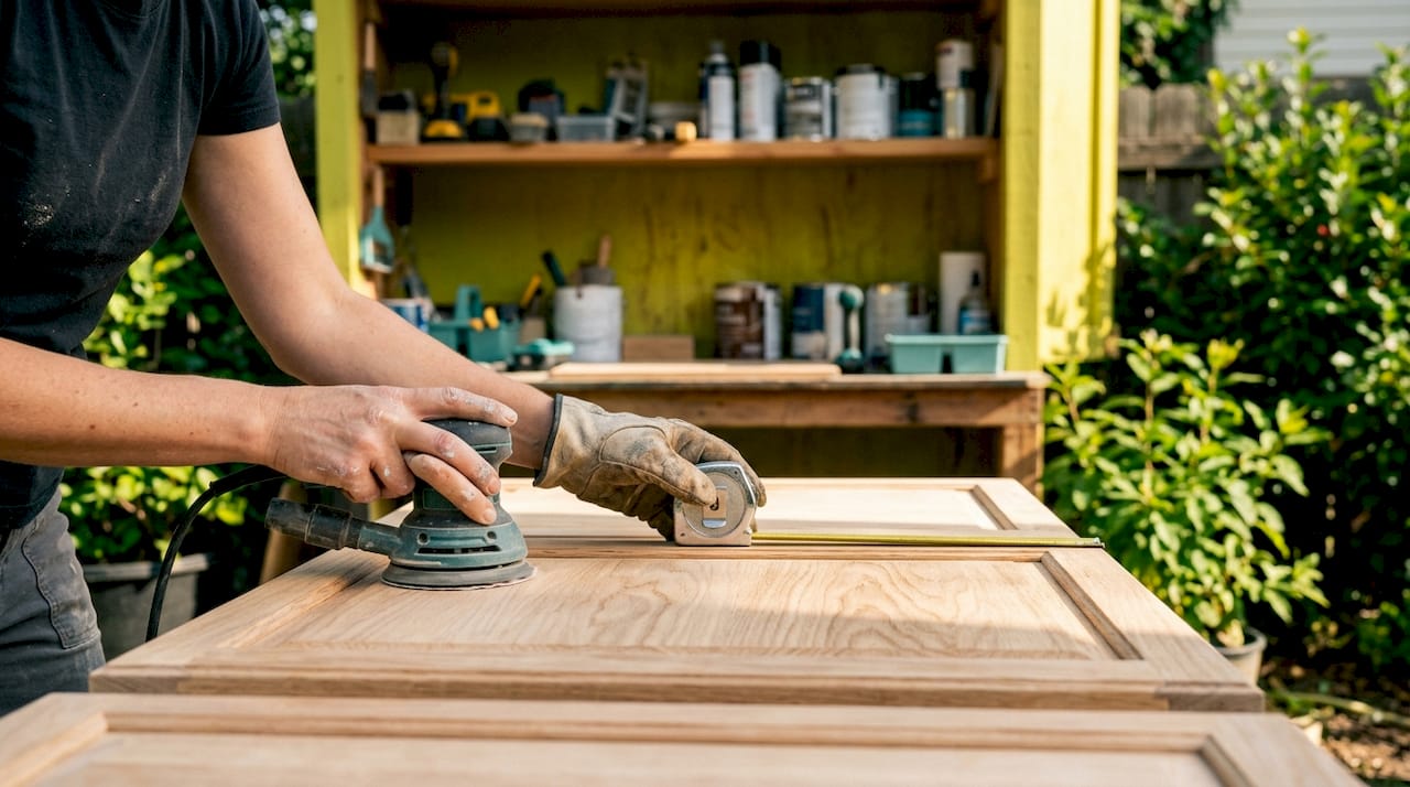Hands inspecting wooden cabinet doors prior to painting