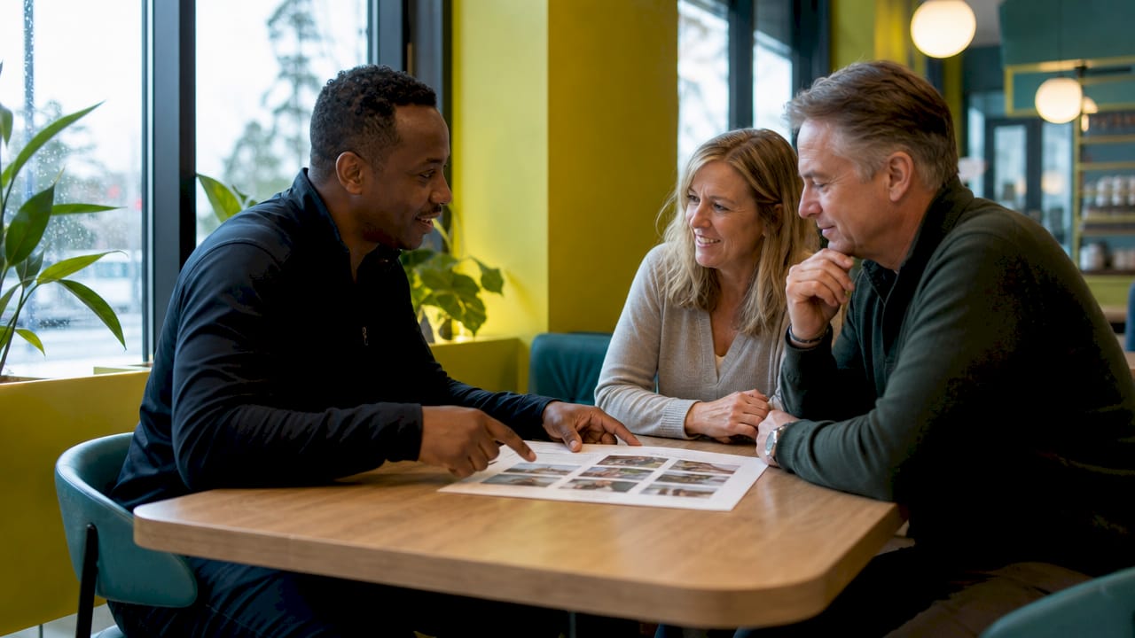 Contractor showing reviews to homeowners in office
