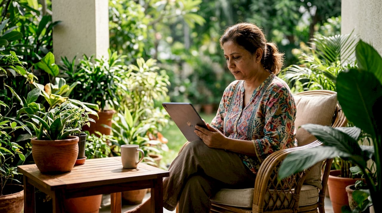 Woman reading contractor reviews at kitchen table
