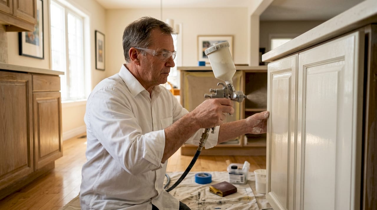 Painter spraying kitchen cabinets in Ottawa home