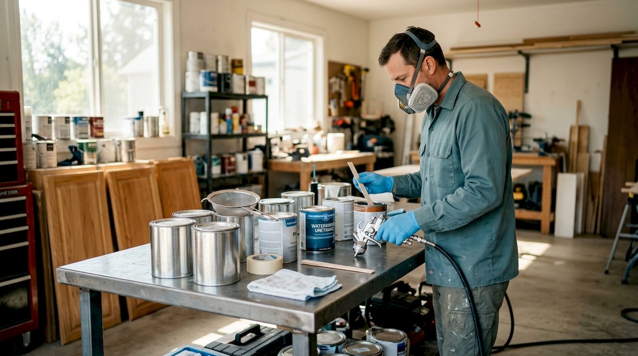 Spray gun and paint preparation tools laid out