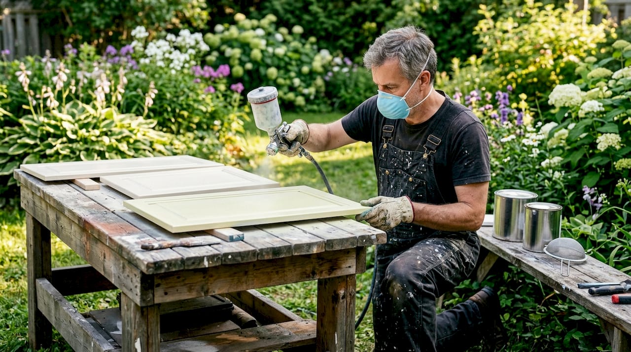 DIYer spray painting kitchen cabinet doors in home