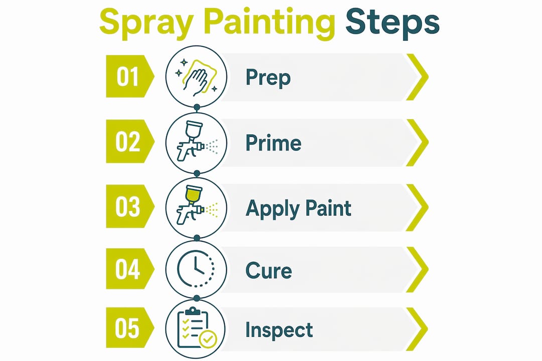 Infographic showing spray painting steps for cabinets