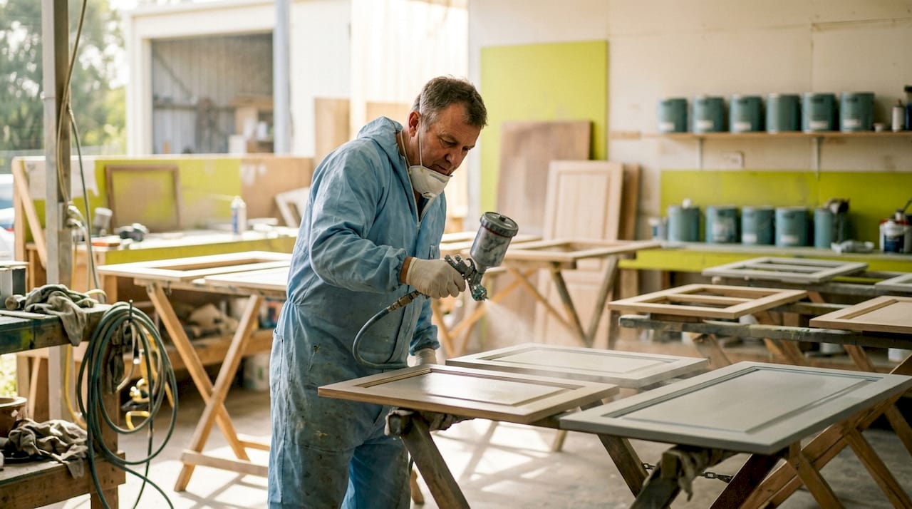 Cabinet painter spraying finish in workshop