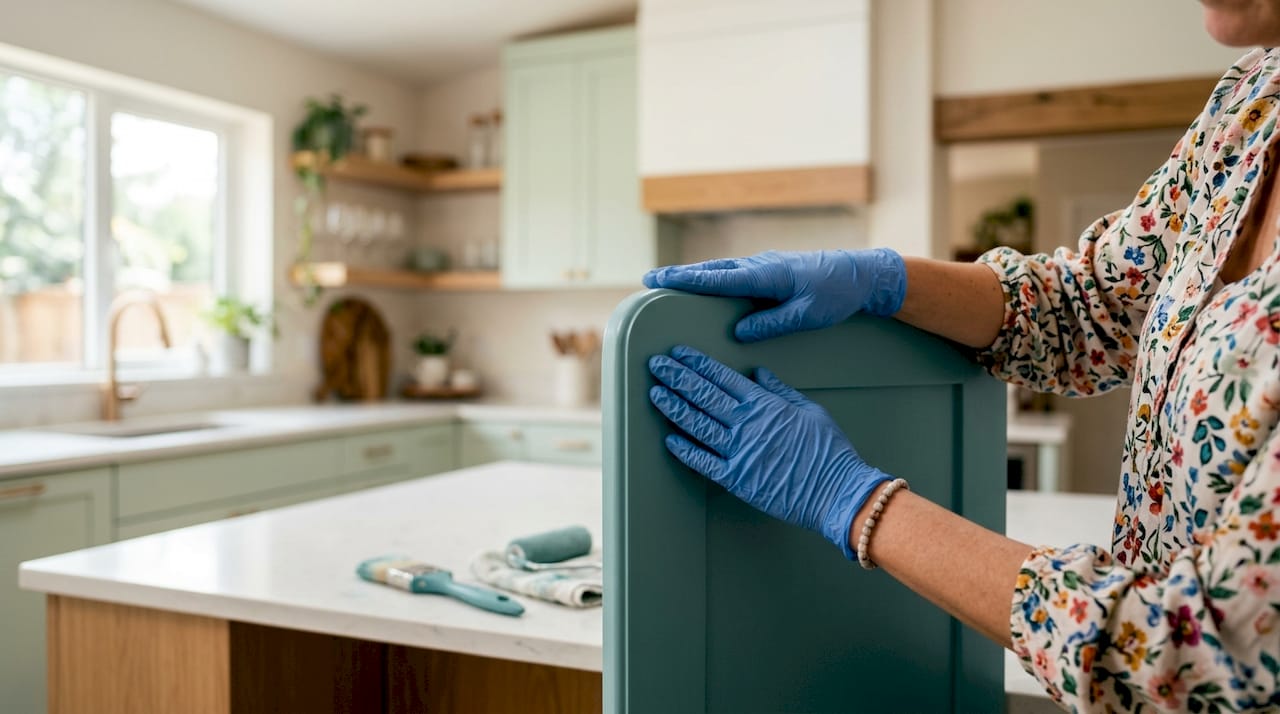 Hands inspecting cabinet finish close-up