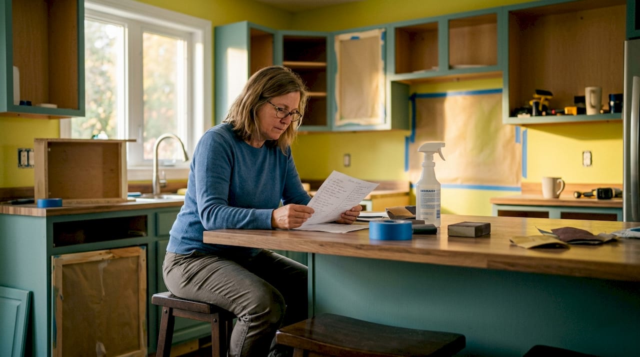 Homeowner reviewing kitchen renovation checklist