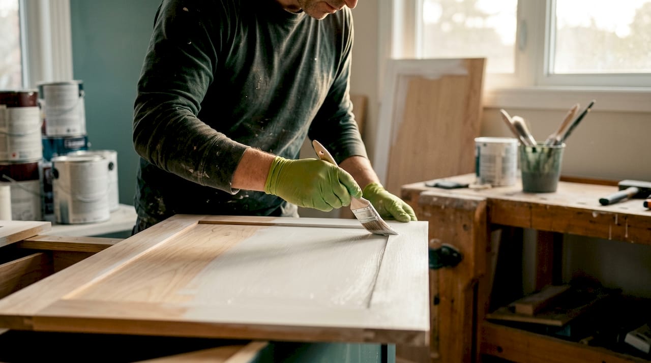 Painter sanding kitchen cabinet surface