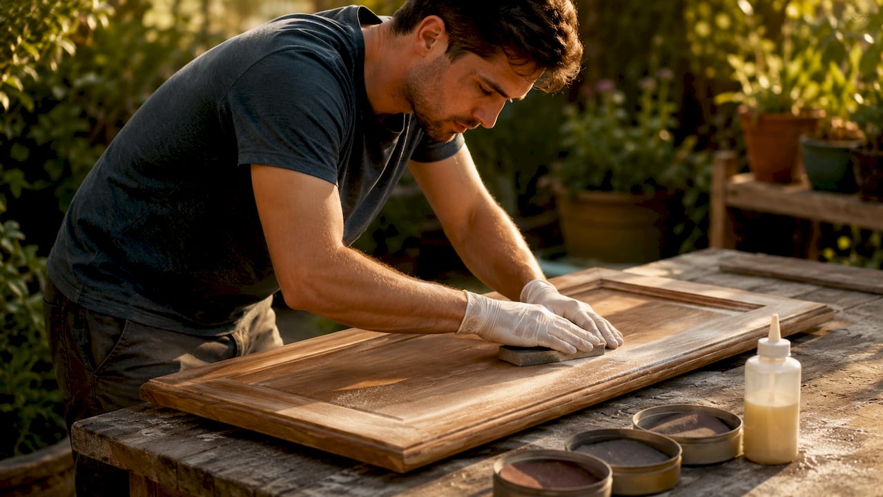 Hands sanding wood cabinet door carefully