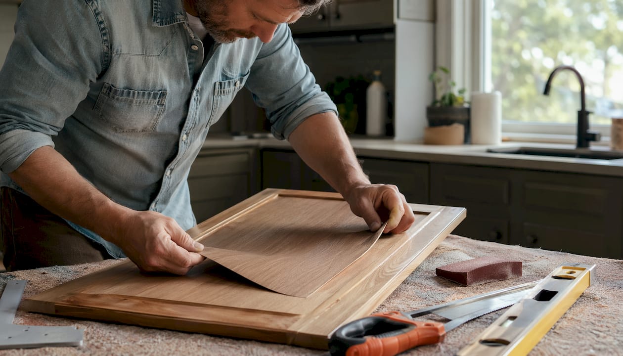 Hands redoing kitchen cabinet door with veneer