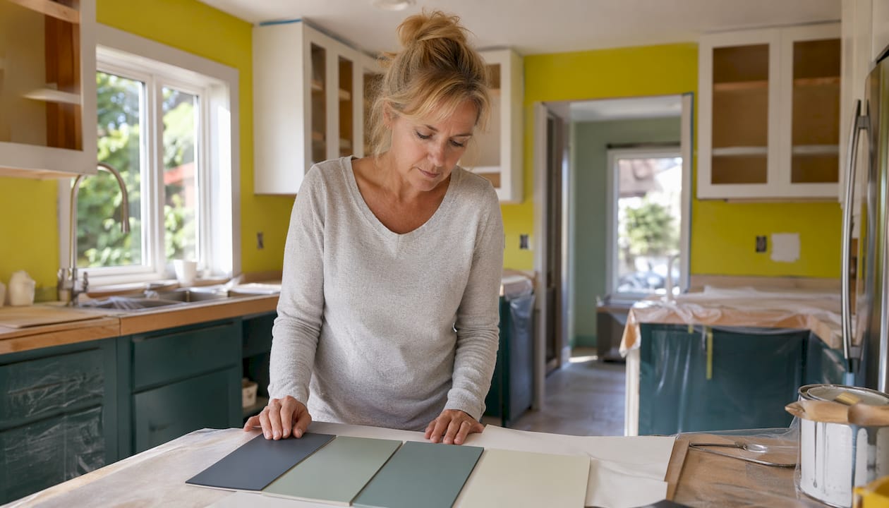 Woman reviewing cabinet refacing samples in kitchen