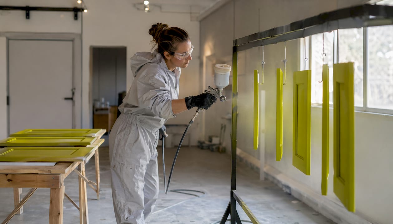 Woman spraying paint in cabinet spray booth
