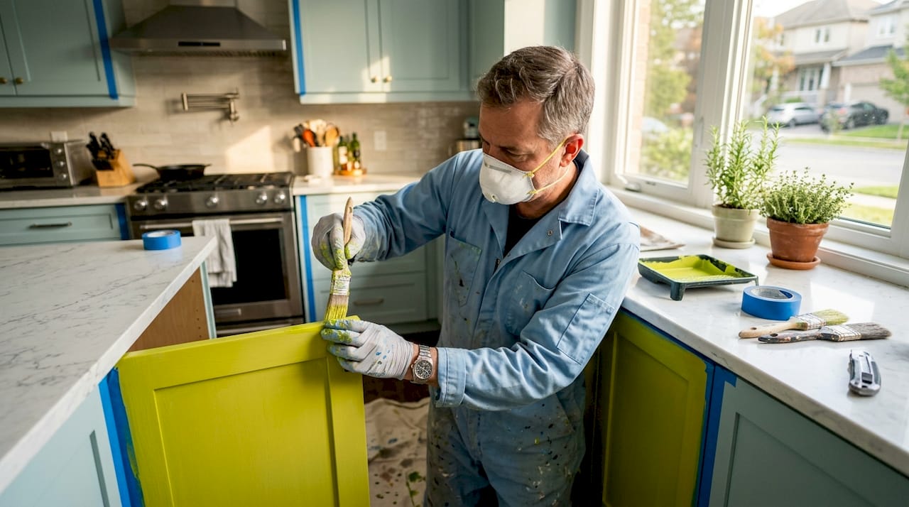 Painter applying paint to kitchen cabinet