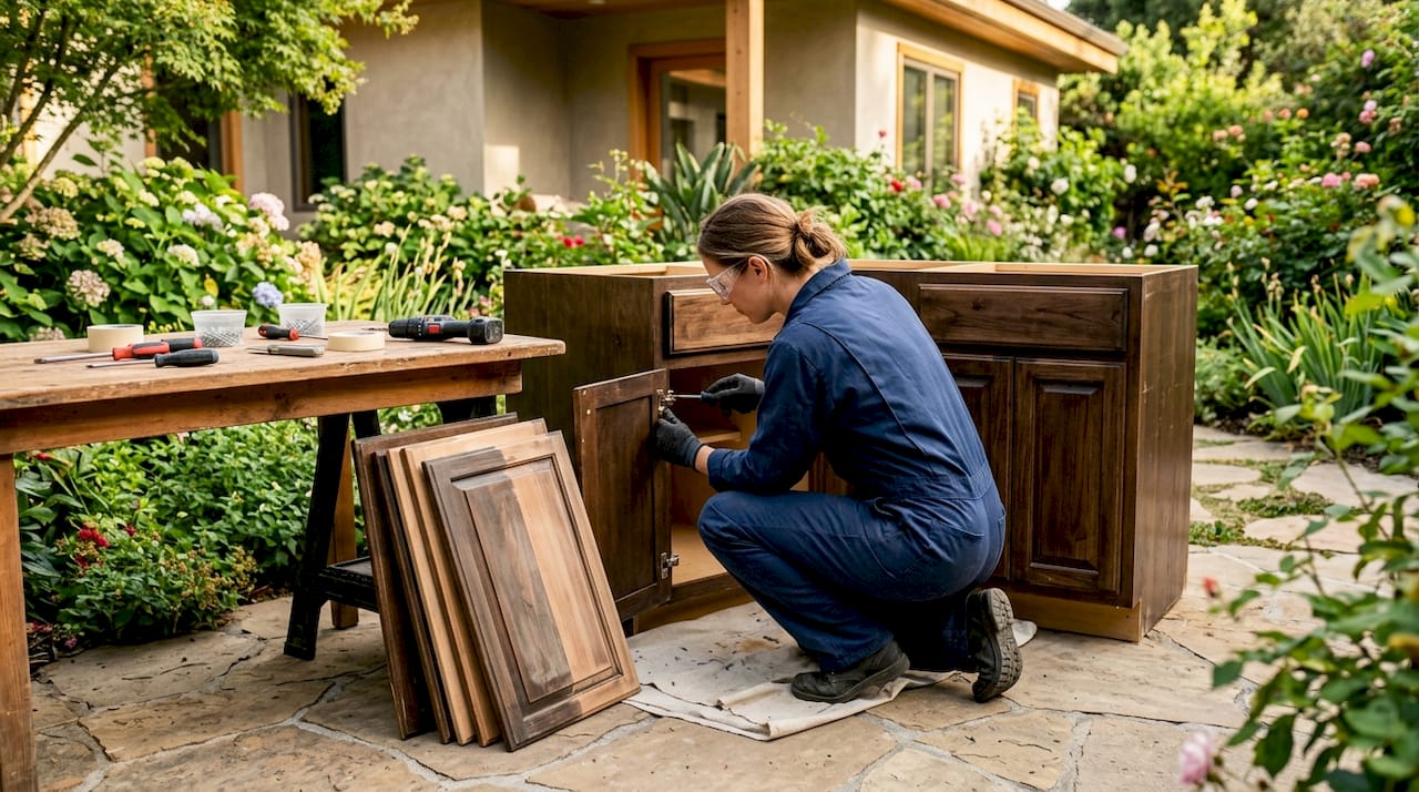 Painter removing kitchen cabinet door carefully