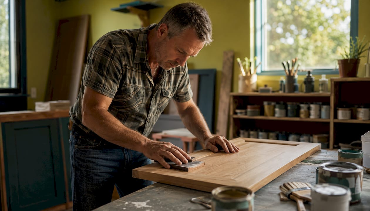Local cabinet painter sanding kitchen cabinet door