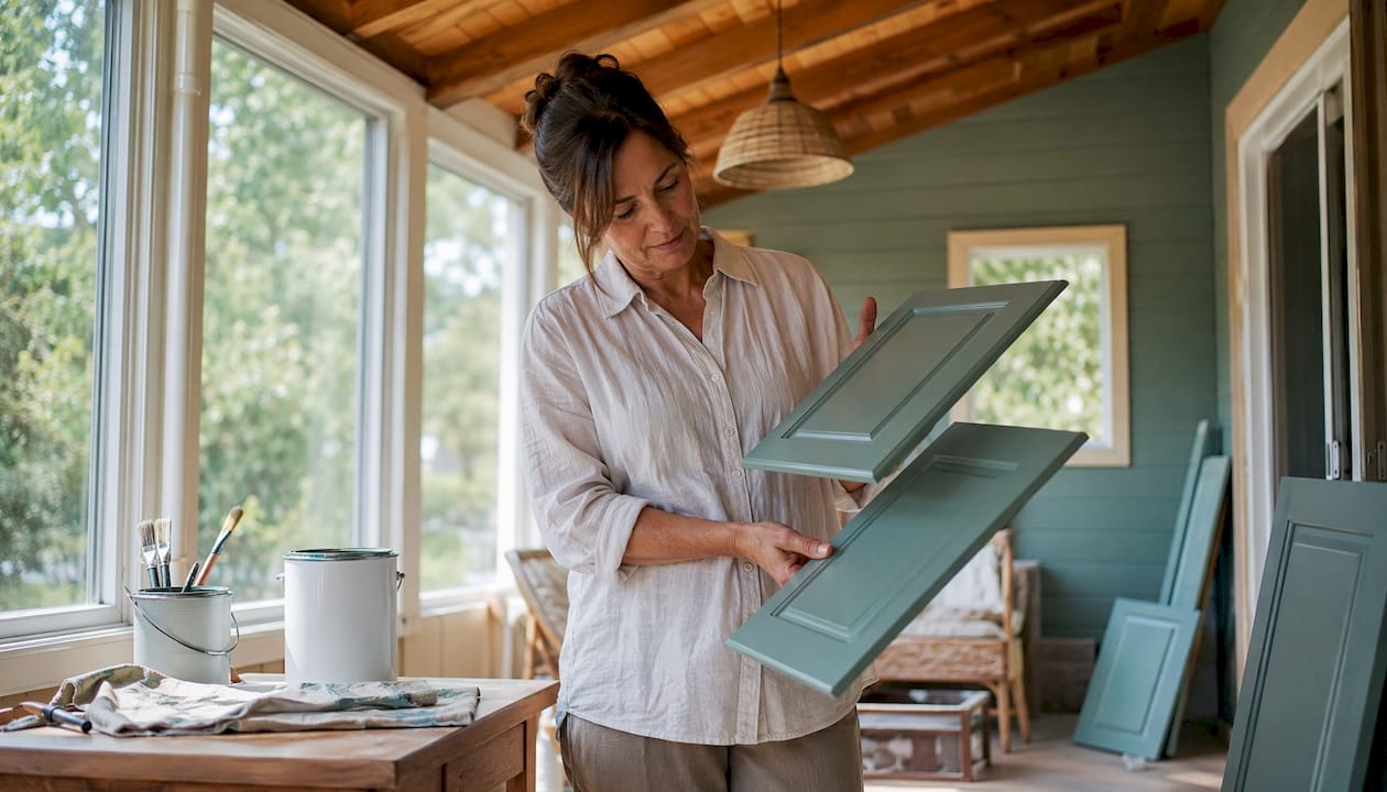 Homeowner inspecting freshly painted cabinets in kitchen