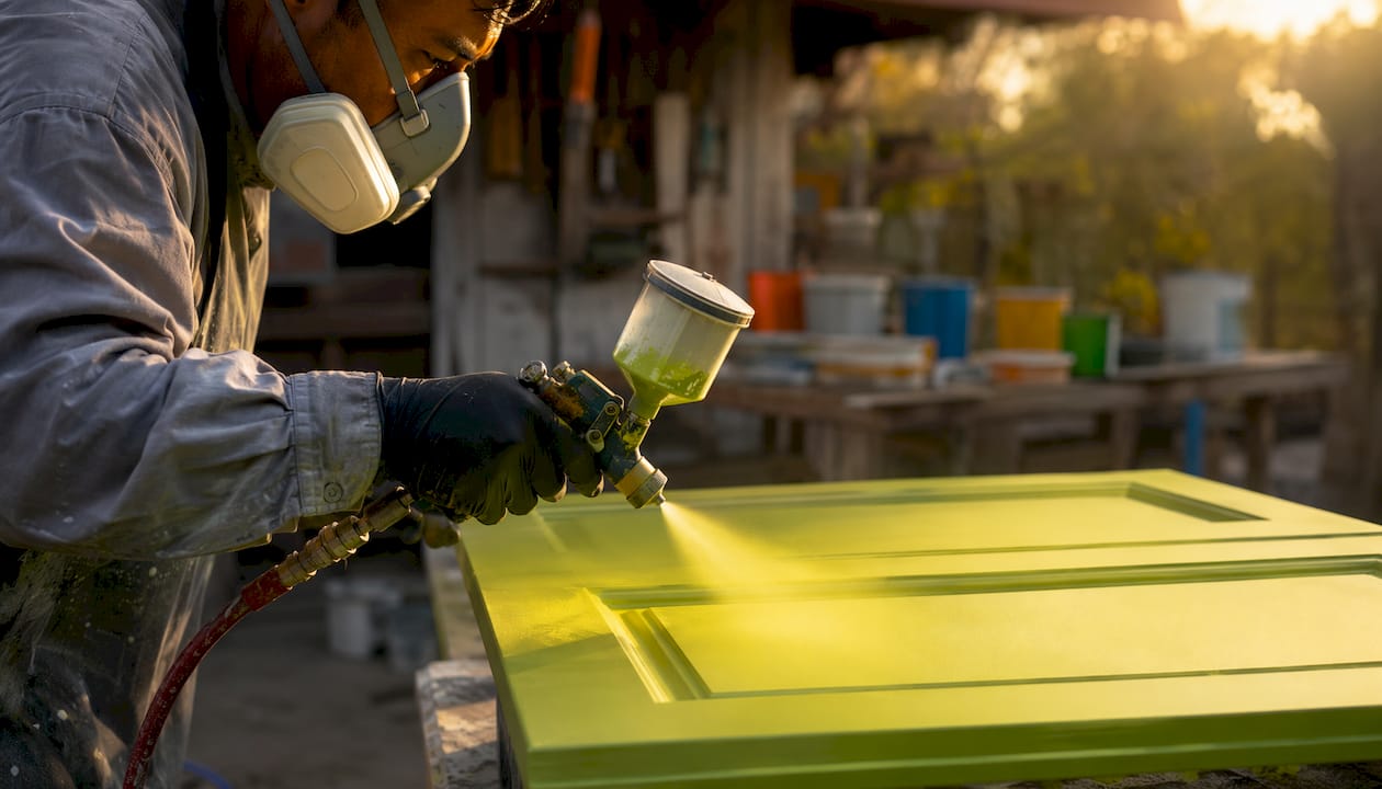 Painter spray-painting cabinet door in workshop