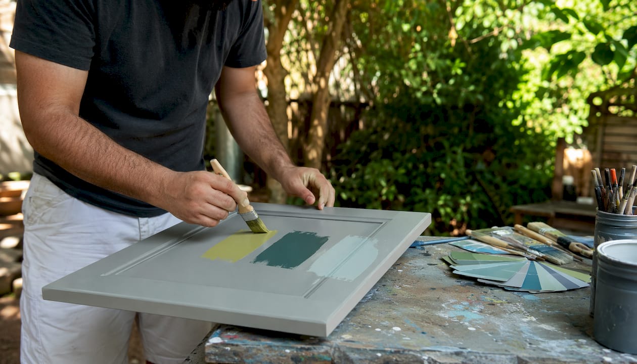 Hands taping large paint samples on cabinets
