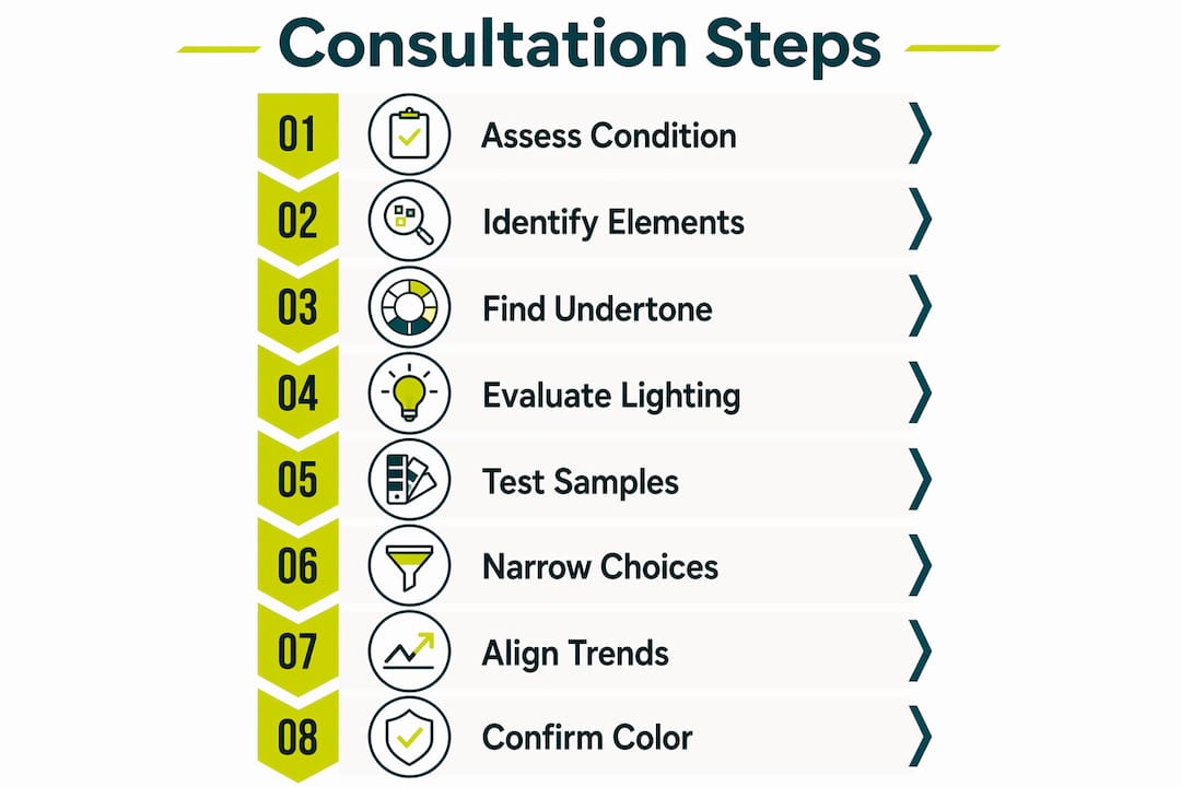 Infographic showing eight steps of cabinet color consultation process