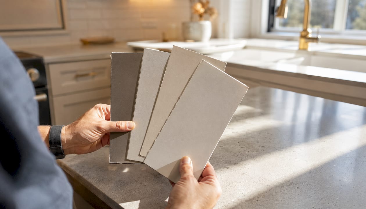 Hands holding greige paint swatches near window