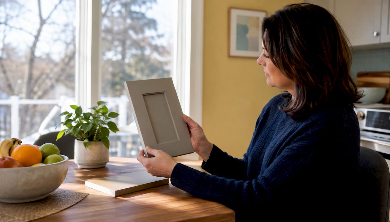 Woman comparing greige cabinets with countertops