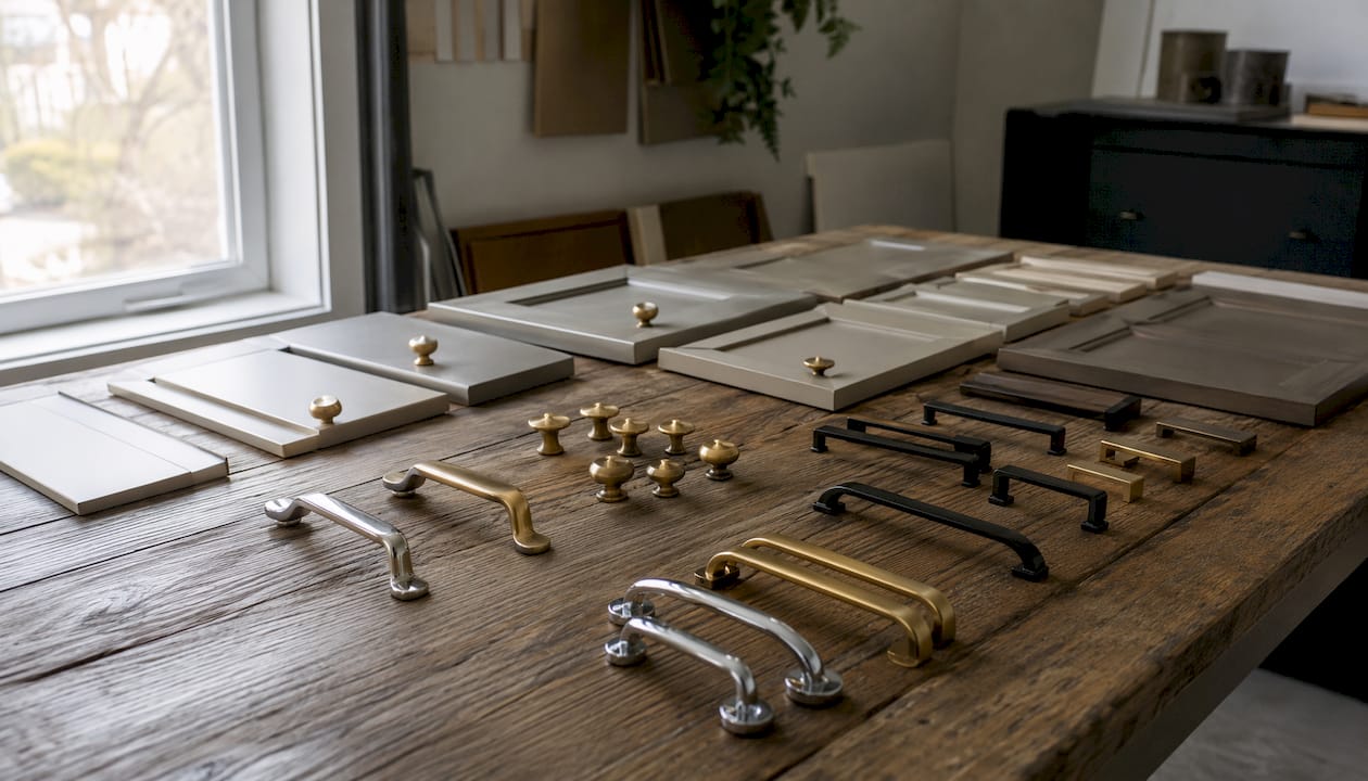 Cabinet hardware samples with greige cabinet doors