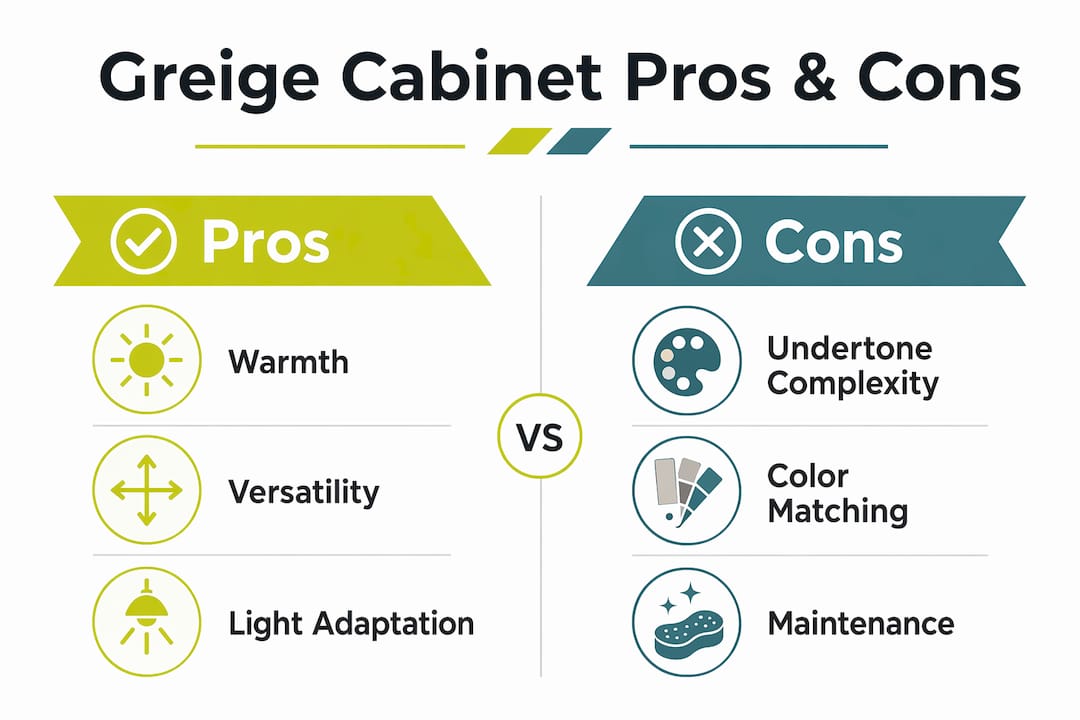 Infographic showing greige cabinet pros and cons