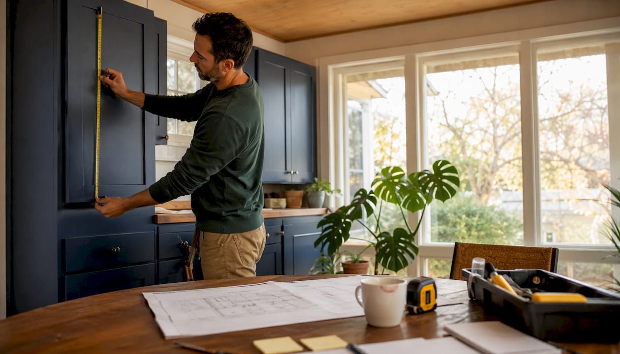 Man measuring cabinet door in bungalow kitchen