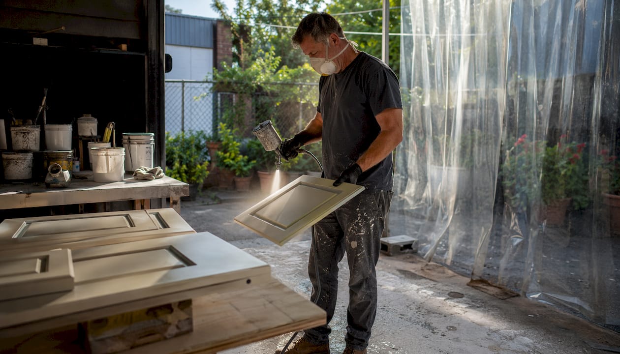 Worker spraying cabinet doors in Ottawa spray booth