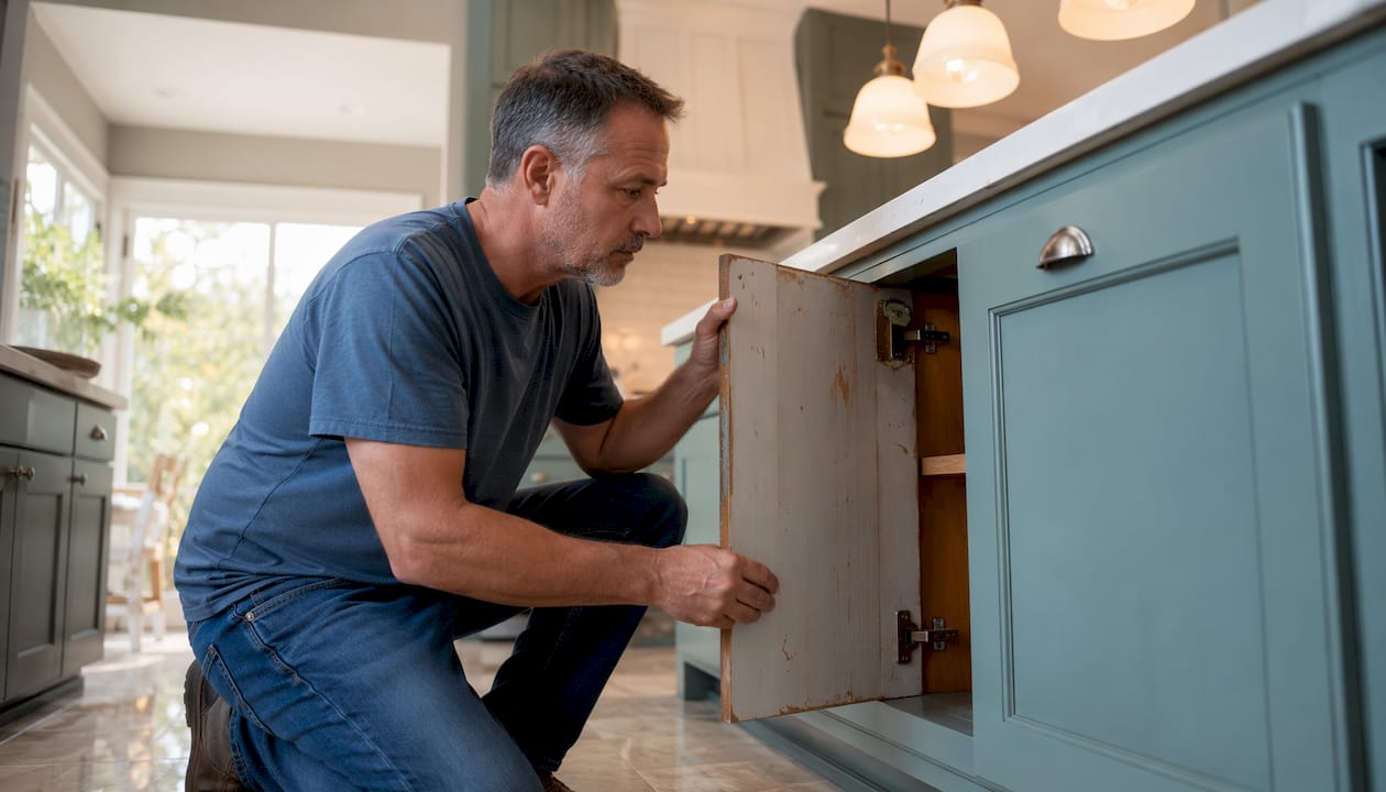 Ottawa homeowner inspecting kitchen cabinets
