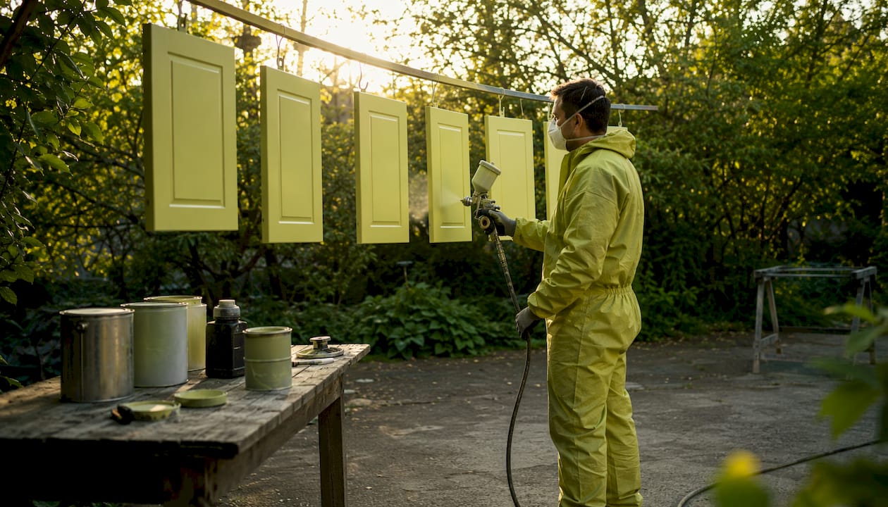 Technician spraying cabinet doors in workshop