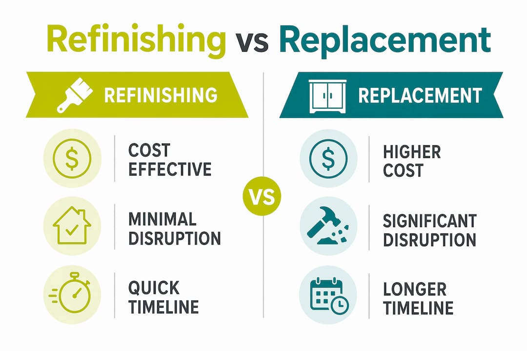 Infographic contrasting cabinet refinishing and replacement