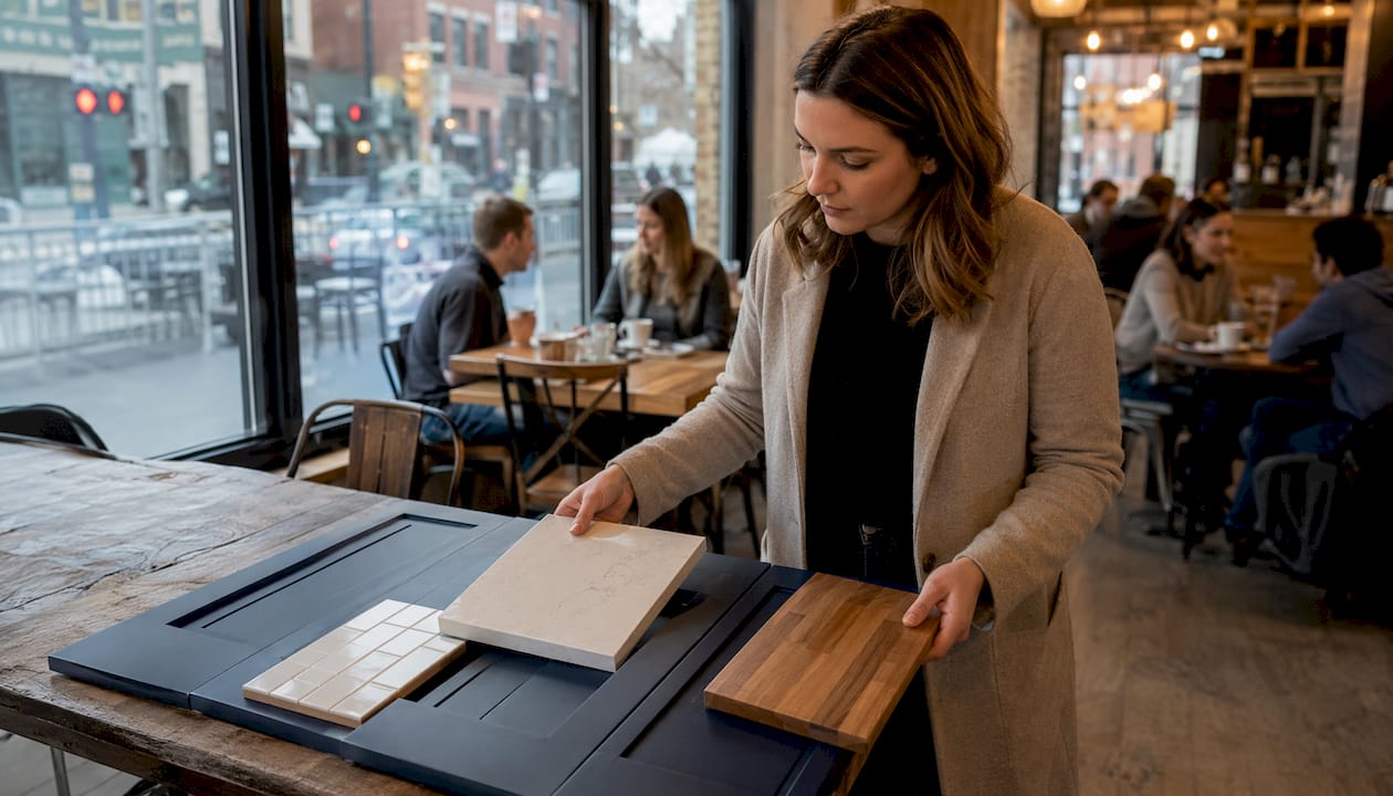 Interior designer selects navy cabinet surfaces