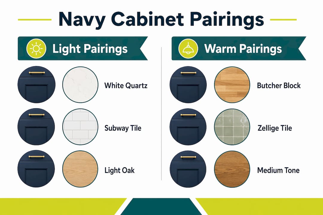 Infographic showing navy cabinet pairings in two categories