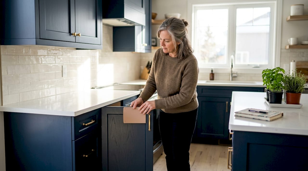 Woman inspecting navy cabinets in Ottawa kitchen