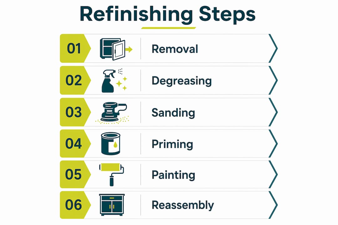 Infographic showing step-by-step cabinet refinishing process