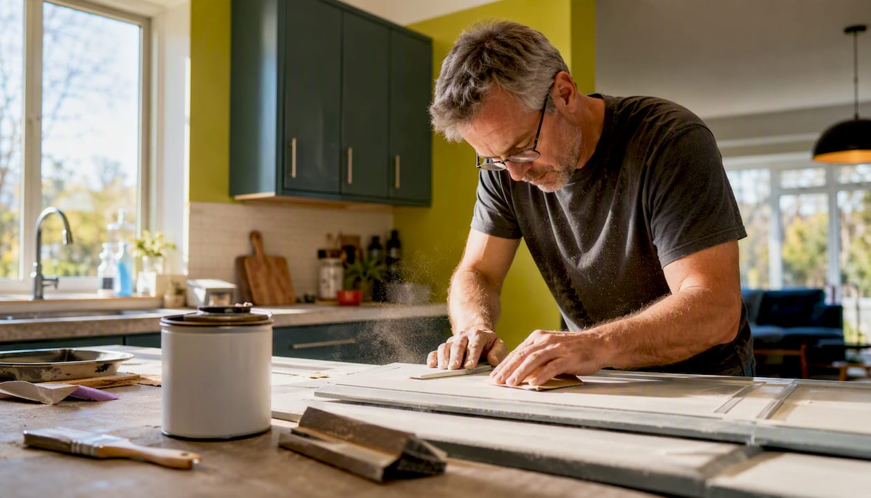 Man sanding kitchen cabinet door