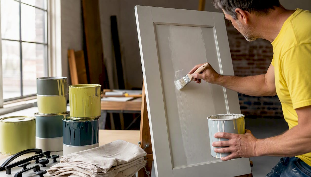Applying paint to kitchen cabinet door