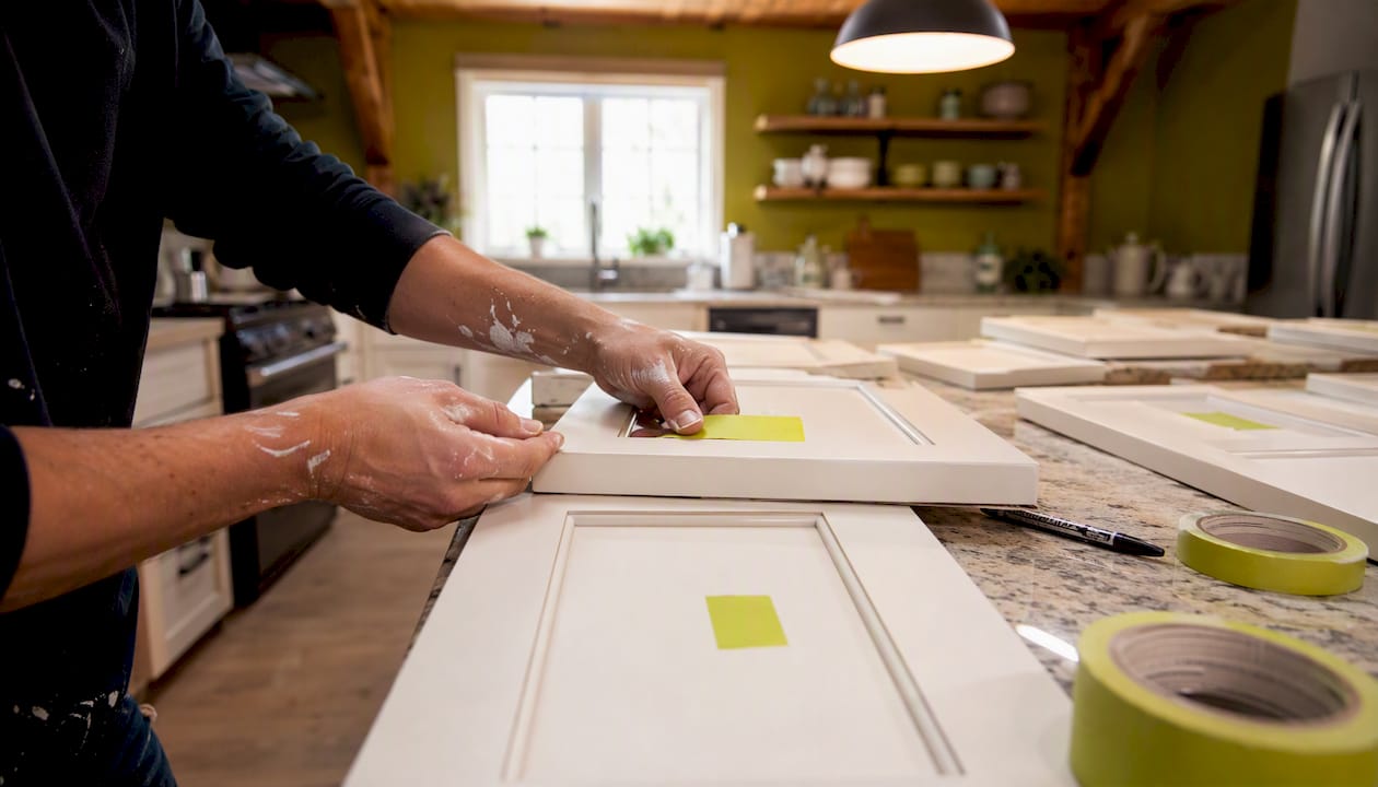 Hands labeling kitchen cabinet doors