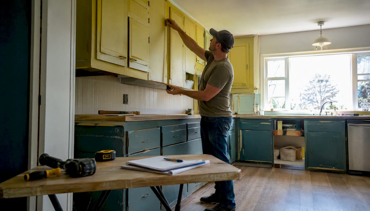 Hands measuring kitchen cabinet doors close-up