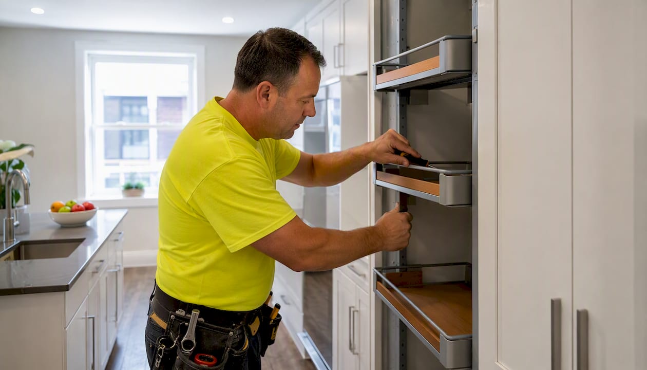 Installer adjusting pull-out pantry in galley kitchen